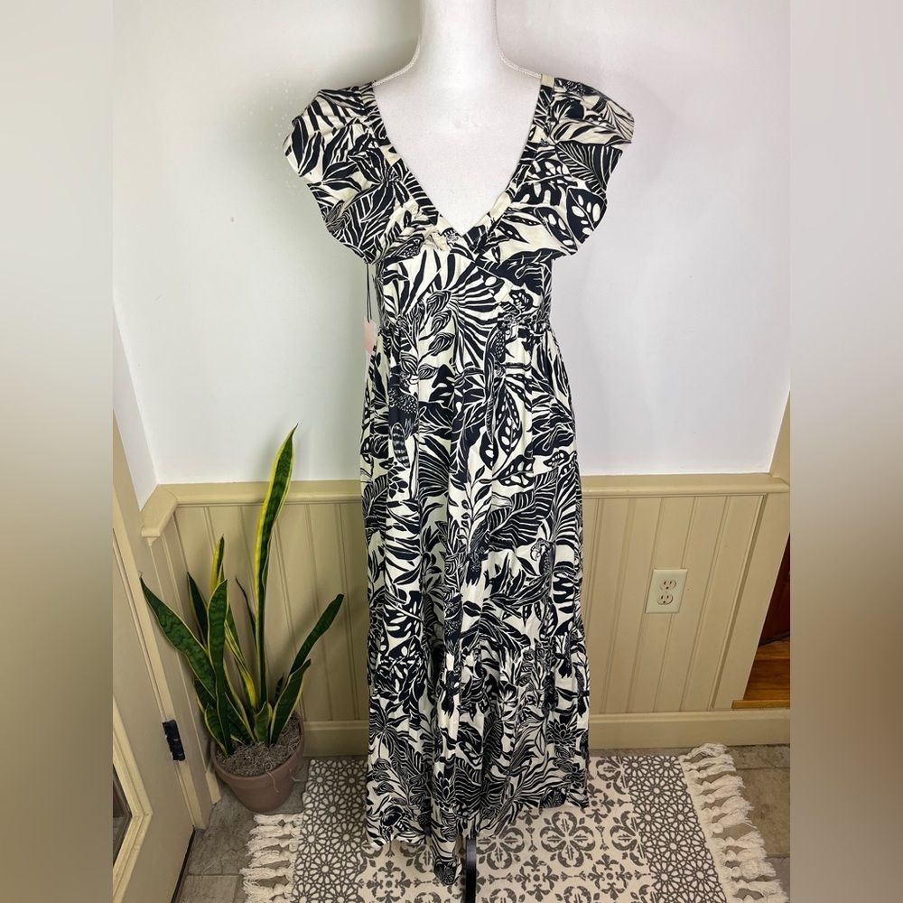 NWT Mott50 Serena Ruffle V-Neck Maxi Dress Moonlit Tropics Beach Wedding Resort